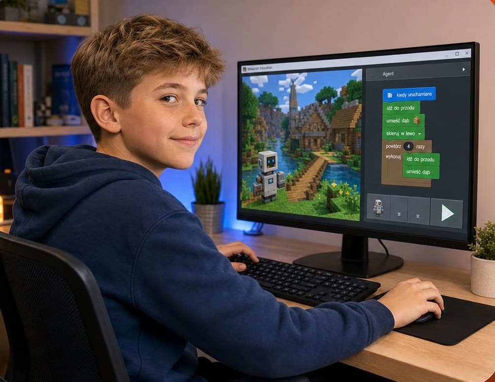 Nasmijani dječak za laptopom nakon uspješnog časa kursa programiranja